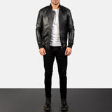 Stylish Men's Bomia MA-1 Black Lambskin Leather Bomber Jacket with Rib-Knit