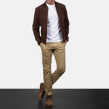 Men's Blain Mocha Suede Bomber Jacket: Premium Goatskin Leather, Classic Style, Durable