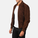 Men's Premium Mocha Suede Bomber Jacket - Real Goatskin Leather, Varsity Style
