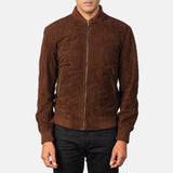 Men's Premium Mocha Suede Bomber Jacket - Real Goatskin Leather, Varsity Style