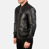 Stylish Men's Bomia MA-1 Black Lambskin Leather Bomber Jacket with Rib-Knit