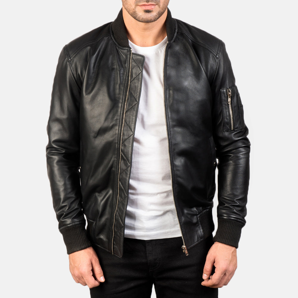 Stylish Men's Bomia MA-1 Black Lambskin Leather Bomber Jacket with Rib-Knit
