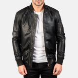 Stylish Men's Bomia MA-1 Black Lambskin Leather Bomber Jacket with Rib-Knit