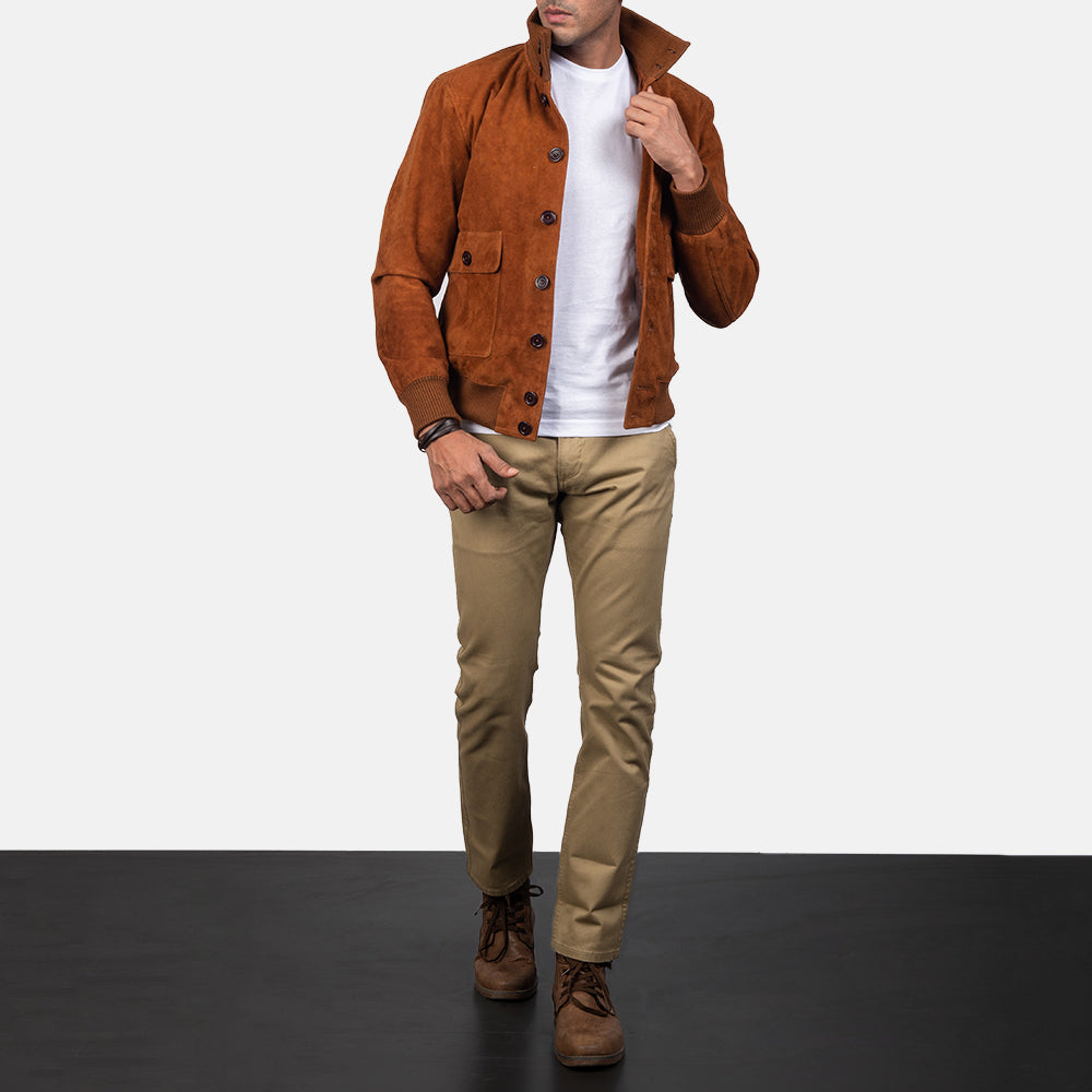 Luxurious Eaton Men's Brown Suede Bomber Jacket - Real Goatskin Leather