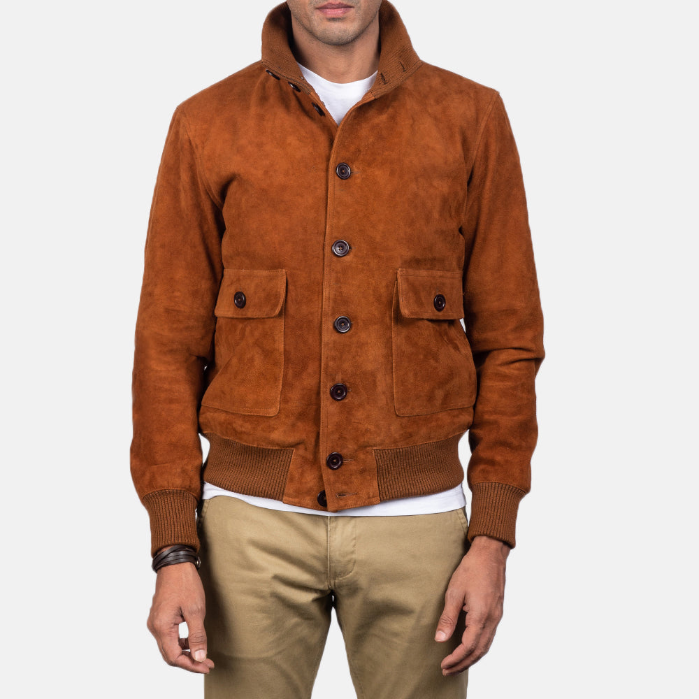 Luxurious Eaton Men's Brown Suede Bomber Jacket - Real Goatskin Leather
