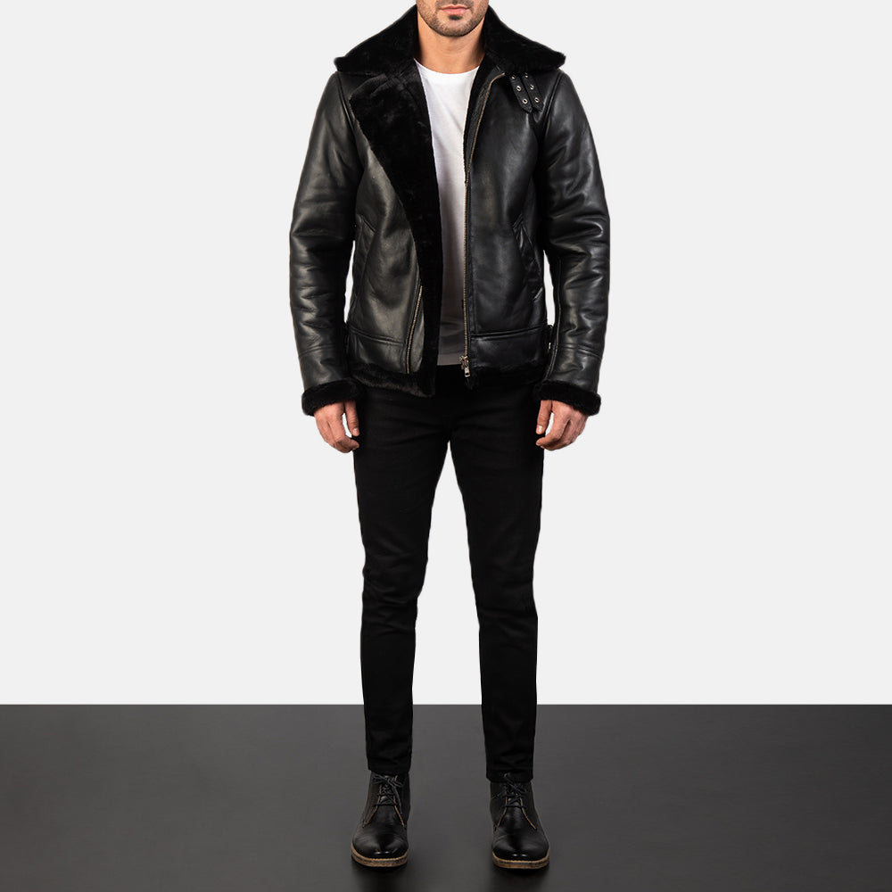 Men's Francis B-3 Black Leather Bomber Jacket: Warm Sheepskin Aviator Style