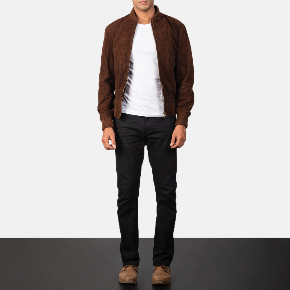 Men's Premium Mocha Suede Bomber Jacket - Real Goatskin Leather, Varsity Style