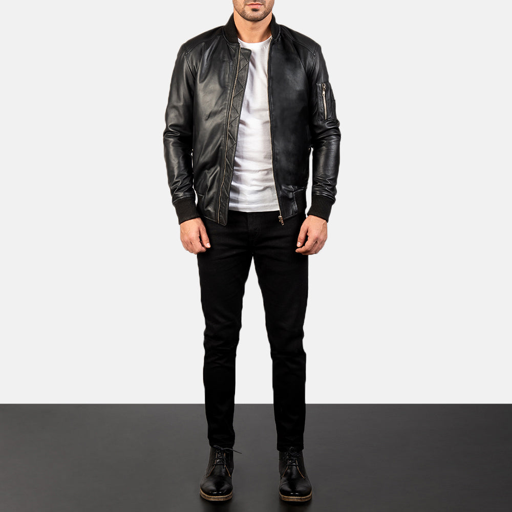 Stylish Men's Bomia MA-1 Black Lambskin Leather Bomber Jacket with Rib-Knit