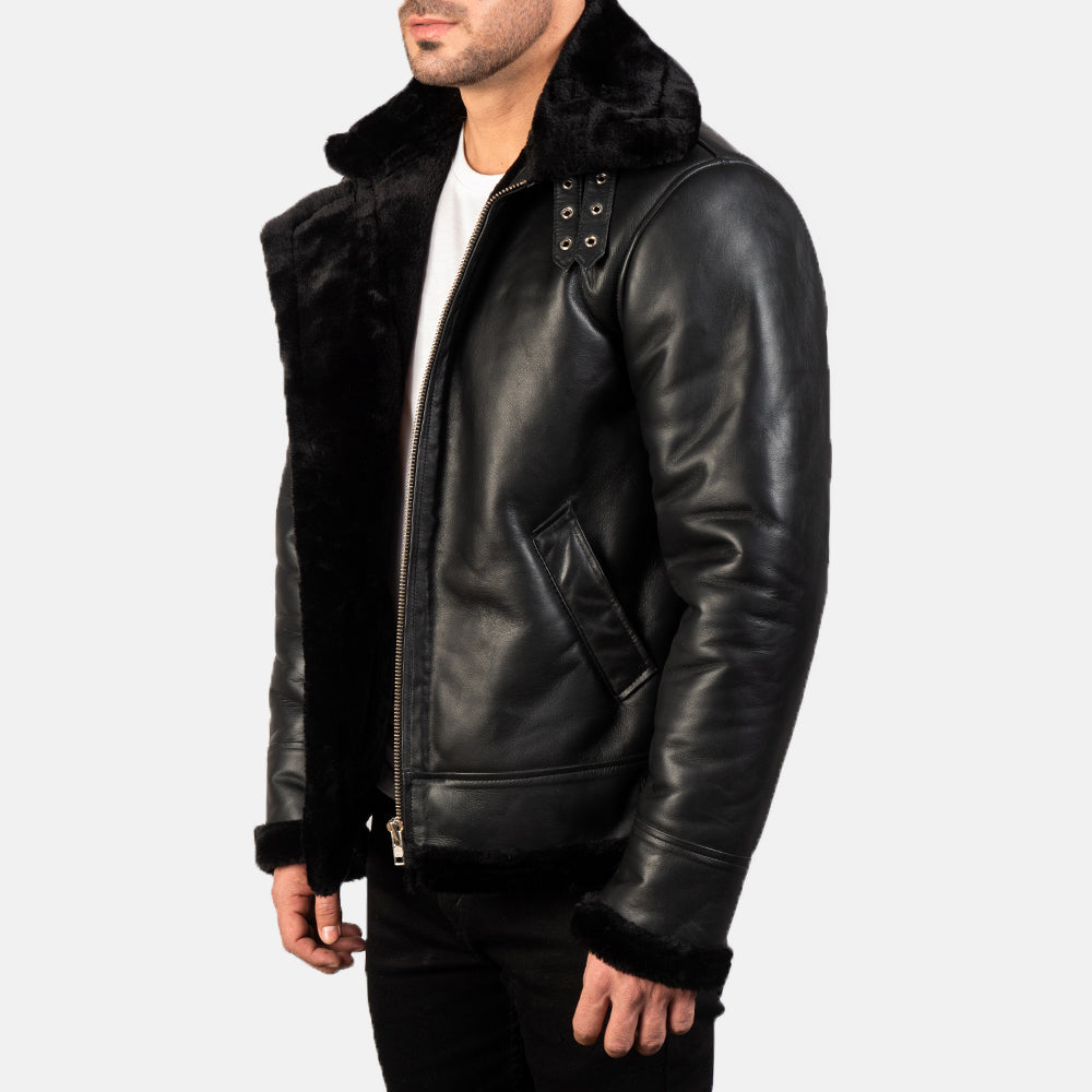 Men's Francis B-3 Black Leather Bomber Jacket: Warm Sheepskin Aviator Style