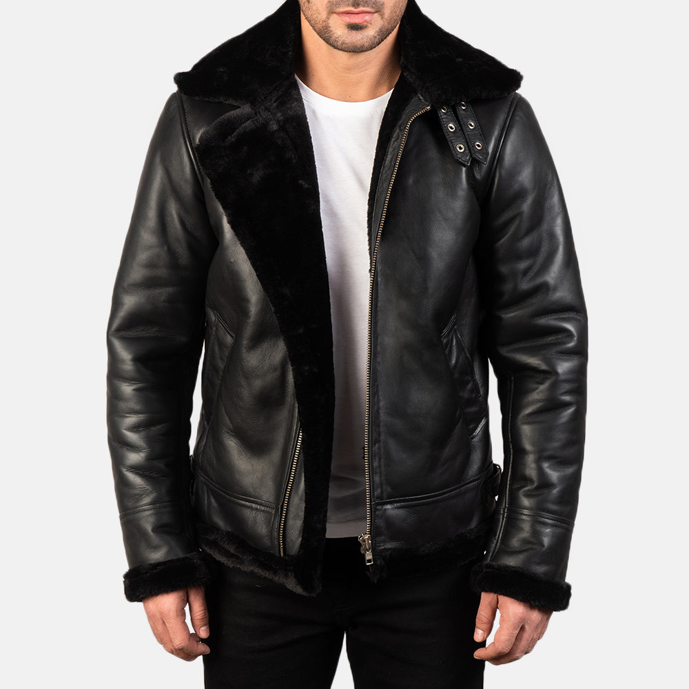 Men's Francis B-3 Black Leather Bomber Jacket: Warm Sheepskin Aviator Style