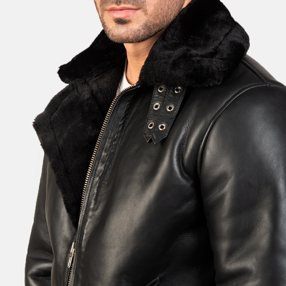 Men's Francis B-3 Black Leather Bomber Jacket: Warm Sheepskin Aviator Style