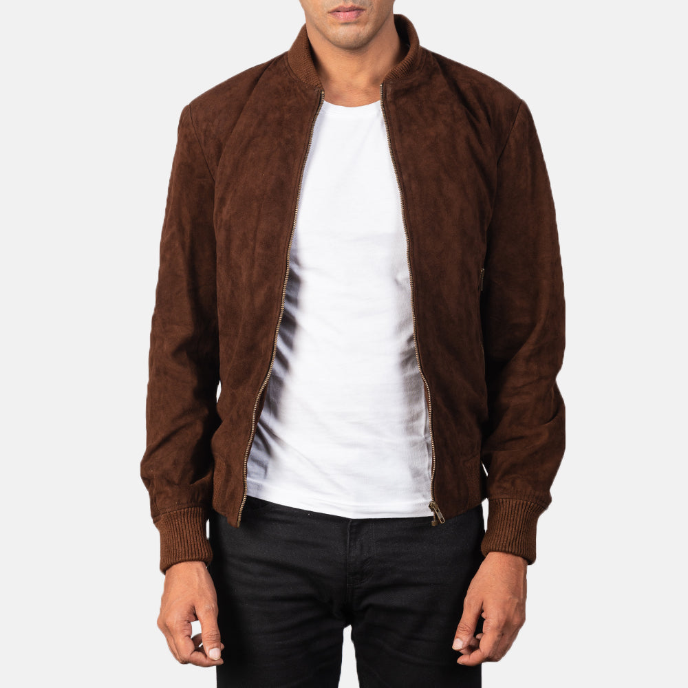 Men's Premium Mocha Suede Bomber Jacket - Real Goatskin Leather, Varsity Style