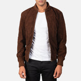 Men's Premium Mocha Suede Bomber Jacket - Real Goatskin Leather, Varsity Style