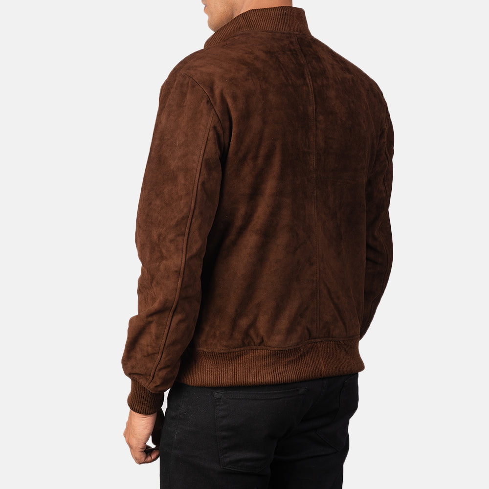 Men's Premium Mocha Suede Bomber Jacket - Real Goatskin Leather, Varsity Style