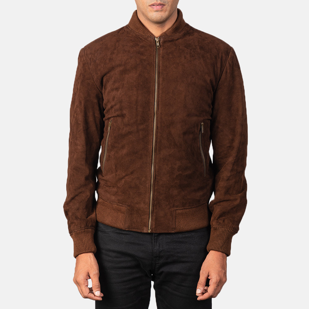 Men's Premium Mocha Suede Bomber Jacket - Real Goatskin Leather, Varsity Style