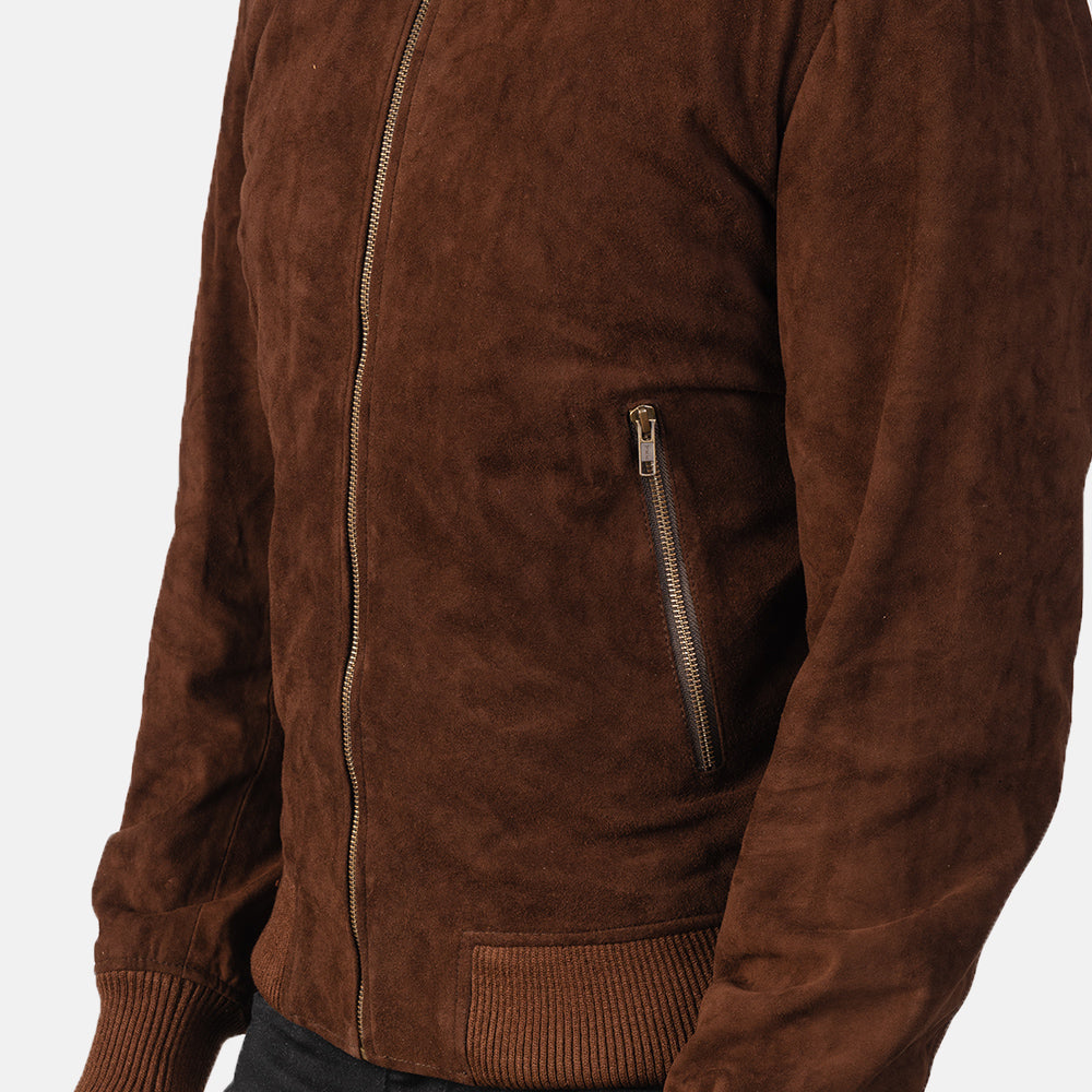 Men's Premium Mocha Suede Bomber Jacket - Real Goatskin Leather, Varsity Style