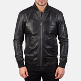 Stylish Men's Bomia MA-1 Black Lambskin Leather Bomber Jacket with Rib-Knit