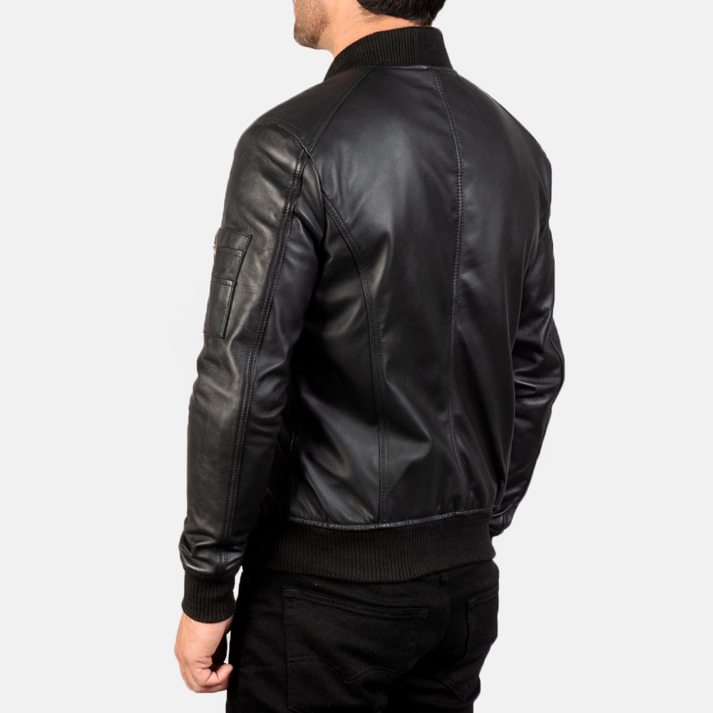 Stylish Men's Bomia MA-1 Black Lambskin Leather Bomber Jacket with Rib-Knit