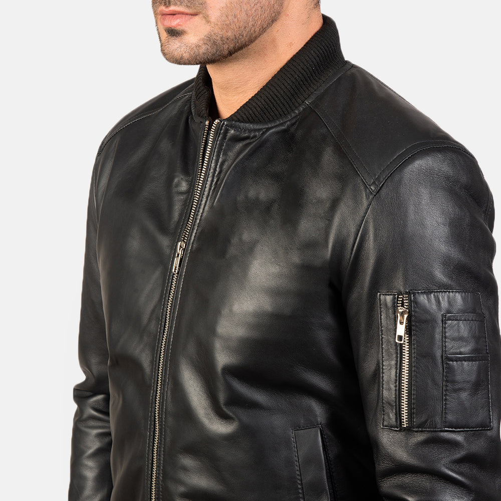 Stylish Men's Bomia MA-1 Black Lambskin Leather Bomber Jacket with Rib-Knit