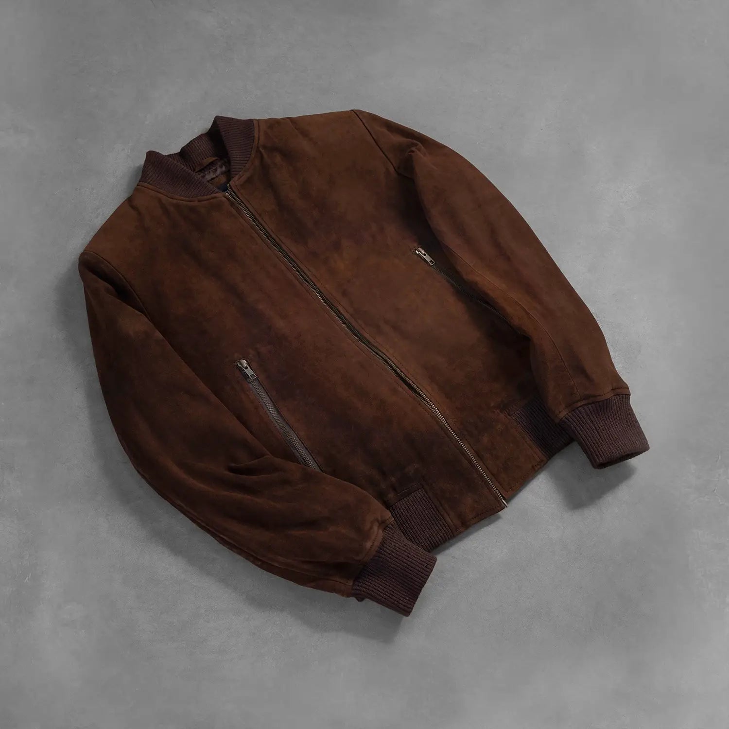 Men's Premium Mocha Suede Bomber Jacket - Real Goatskin Leather, Varsity Style